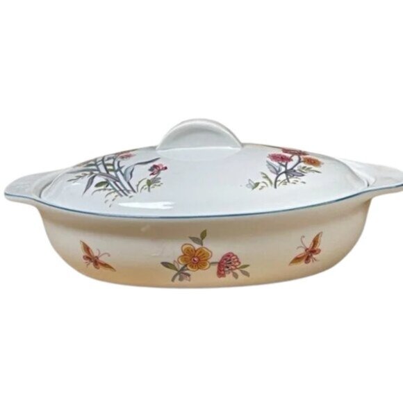 Vtg JARDIN by Andrea au gratin COVERED CASSEROLE oven to table floral butterfly - Picture 2 of 16